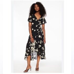Ruffled Black & White Floral Wrap Dress